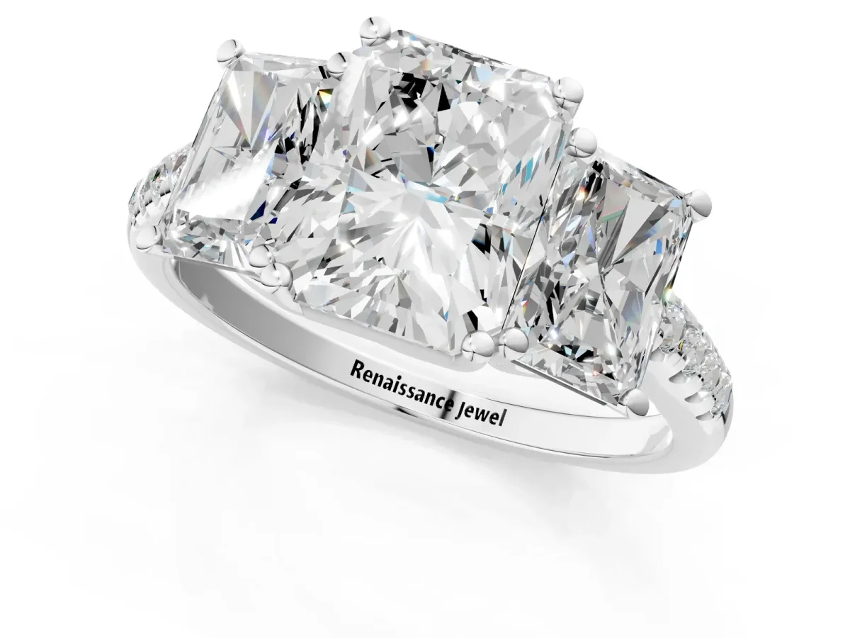 Three-Stone Radiant Cut Diamond Ring with Round Moissanite Pavé Band and Prong Setting Silver