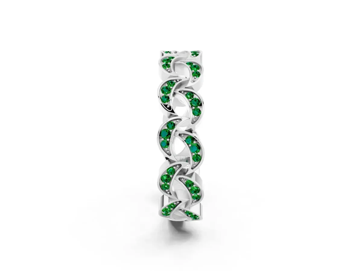 Pavé Round Emerald Interlocking Eternity Band with Bezel Prong Setting Silver