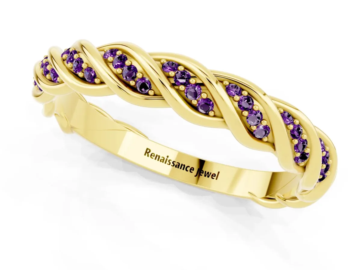 Twisted Pavé Round Amethyst Eternity Band with Shared Prong Setting Yellow gold