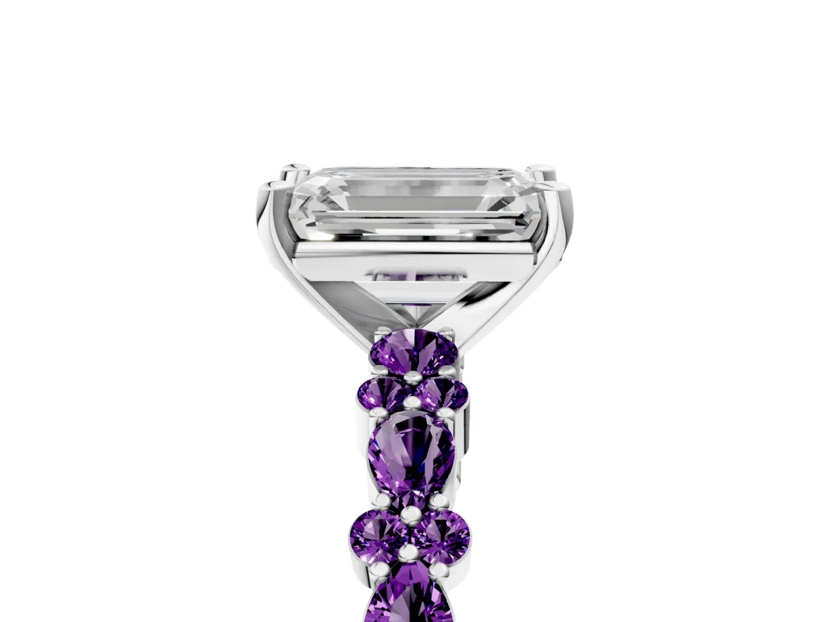 Emerald Cut Diamond Side Stone Solitaire Ring with Round Amethyst and Four-Prong Setting Platinum