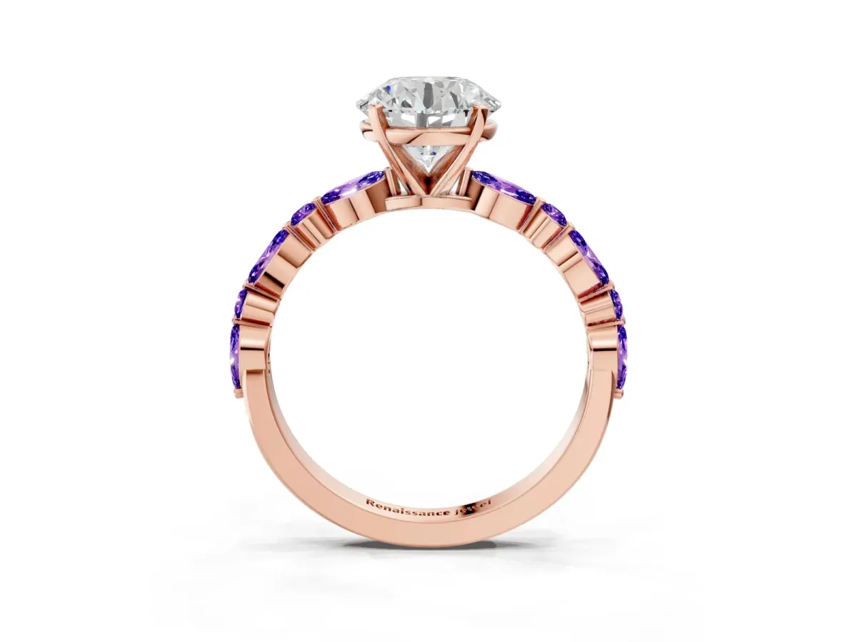 Round Cut Diamond Ring with Marquise and Round Tanzanite Side Stones and Four-Prong Setting Rose gold