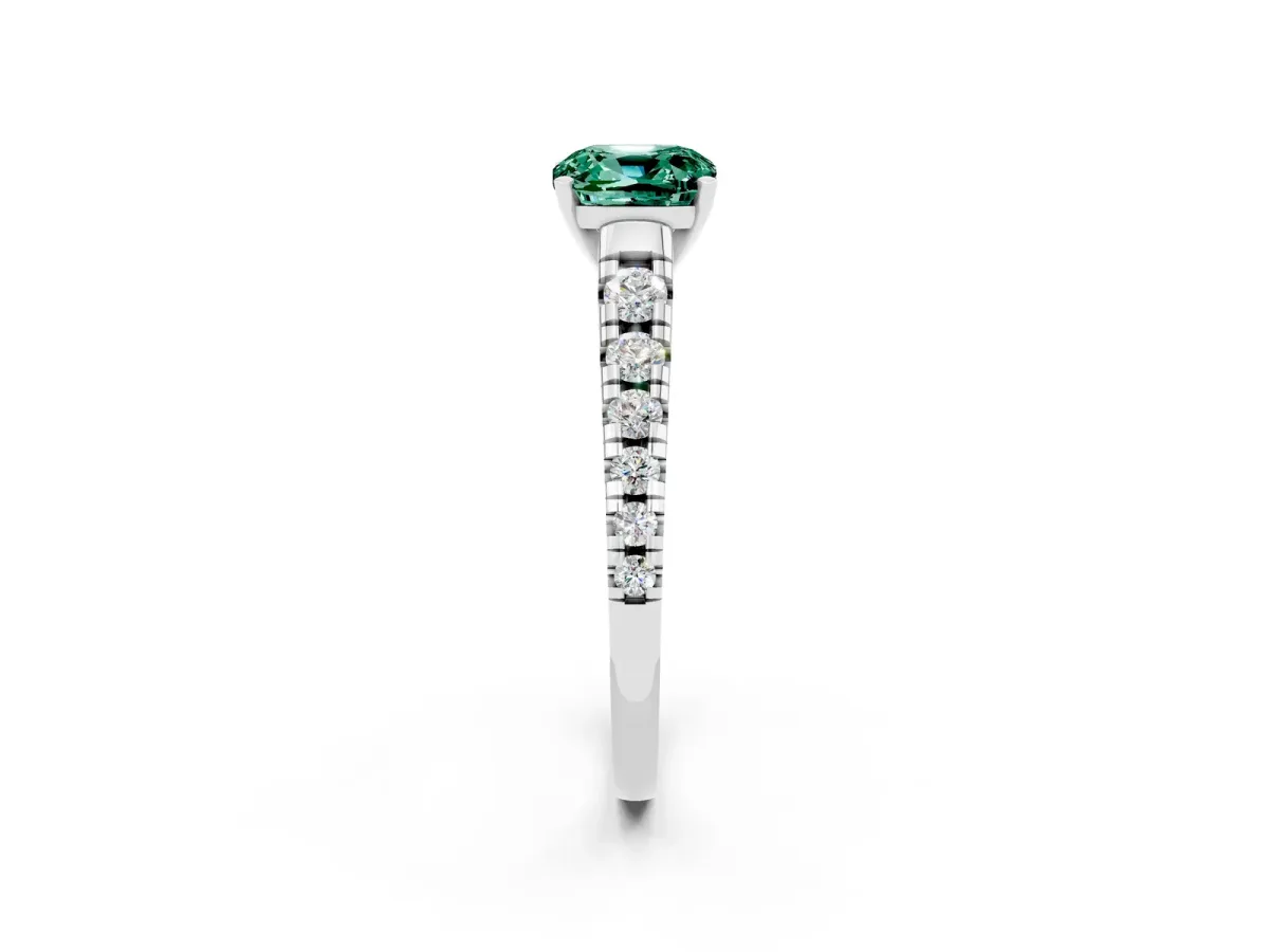 Cushion Cut Green Sapphire Cathedral Solitaire Ring with Round Pavé Band Silver