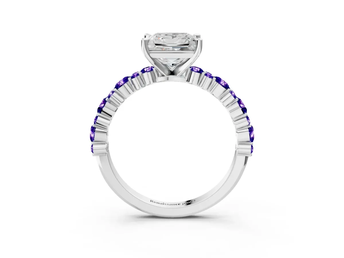 Princess Cut Diamond Side Stone Solitaire Ring with Round Tanzanite and Four-Prong Setting Silver