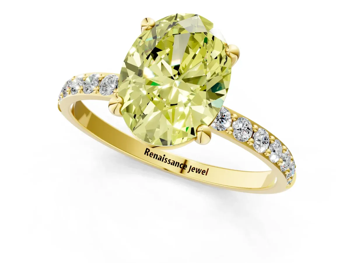 Fancy Yellow Oval Cut Diamond Solitaire Ring with Round Pavé Band and Prong Setting Yellow gold