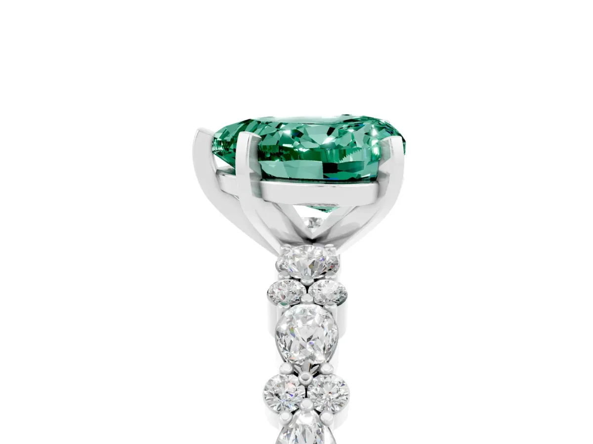 Heart Cut Green Sapphire Side Stone Solitaire Ring with Round and Four-Prong Setting Silver