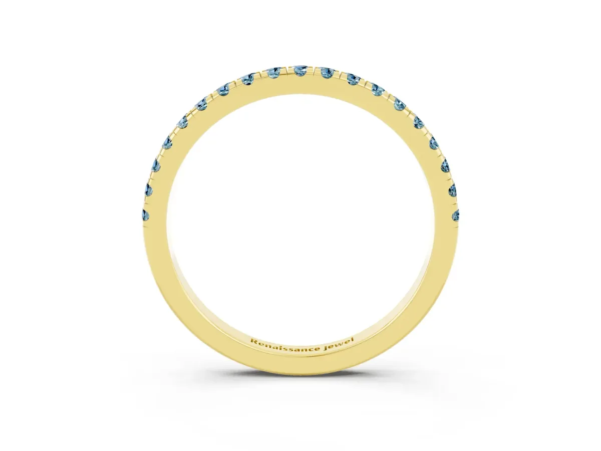 Pavé Round Aquamarine Half Eternity Band with Shared Prong Setting Yellow gold