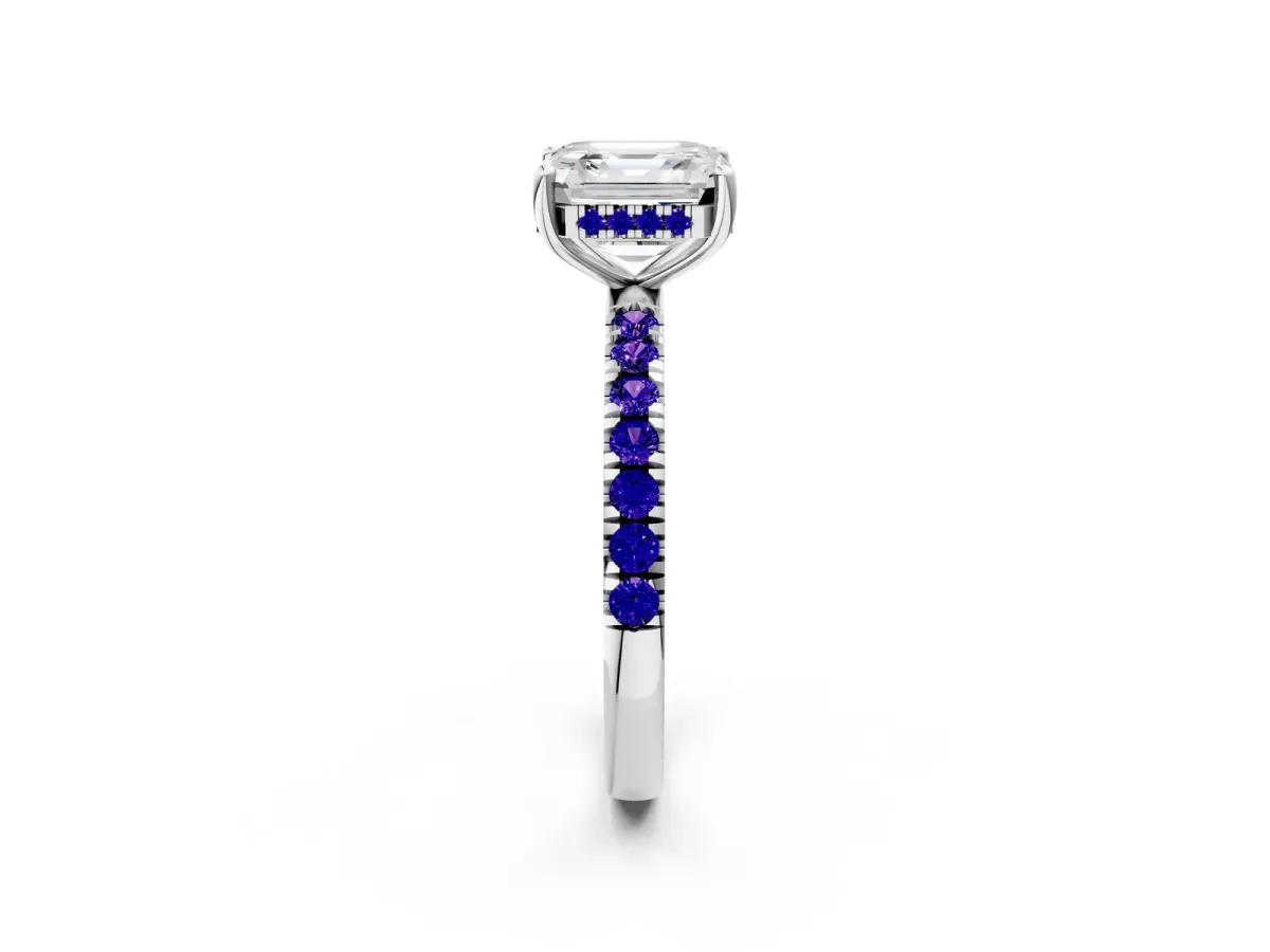 Asscher Cut Diamond Pave Band Solitaire Ring with Round Tanzanite and Prong Setting Platinum