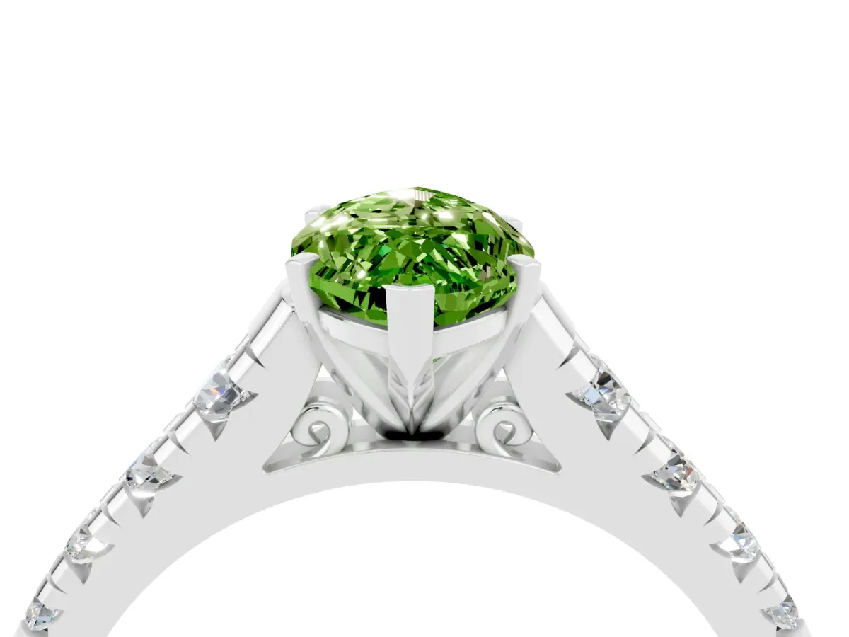 Marquise Cut Peridot Cathedral Solitaire Ring with Round Pavé Band Platinum