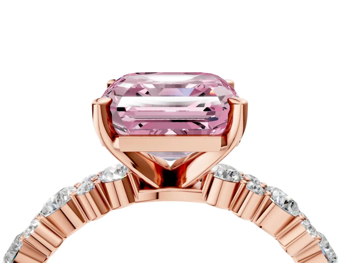 Fancy Pink Asscher Cut Diamond Side Stone Solitaire Ring with Round and Four-Prong Setting Rose gold