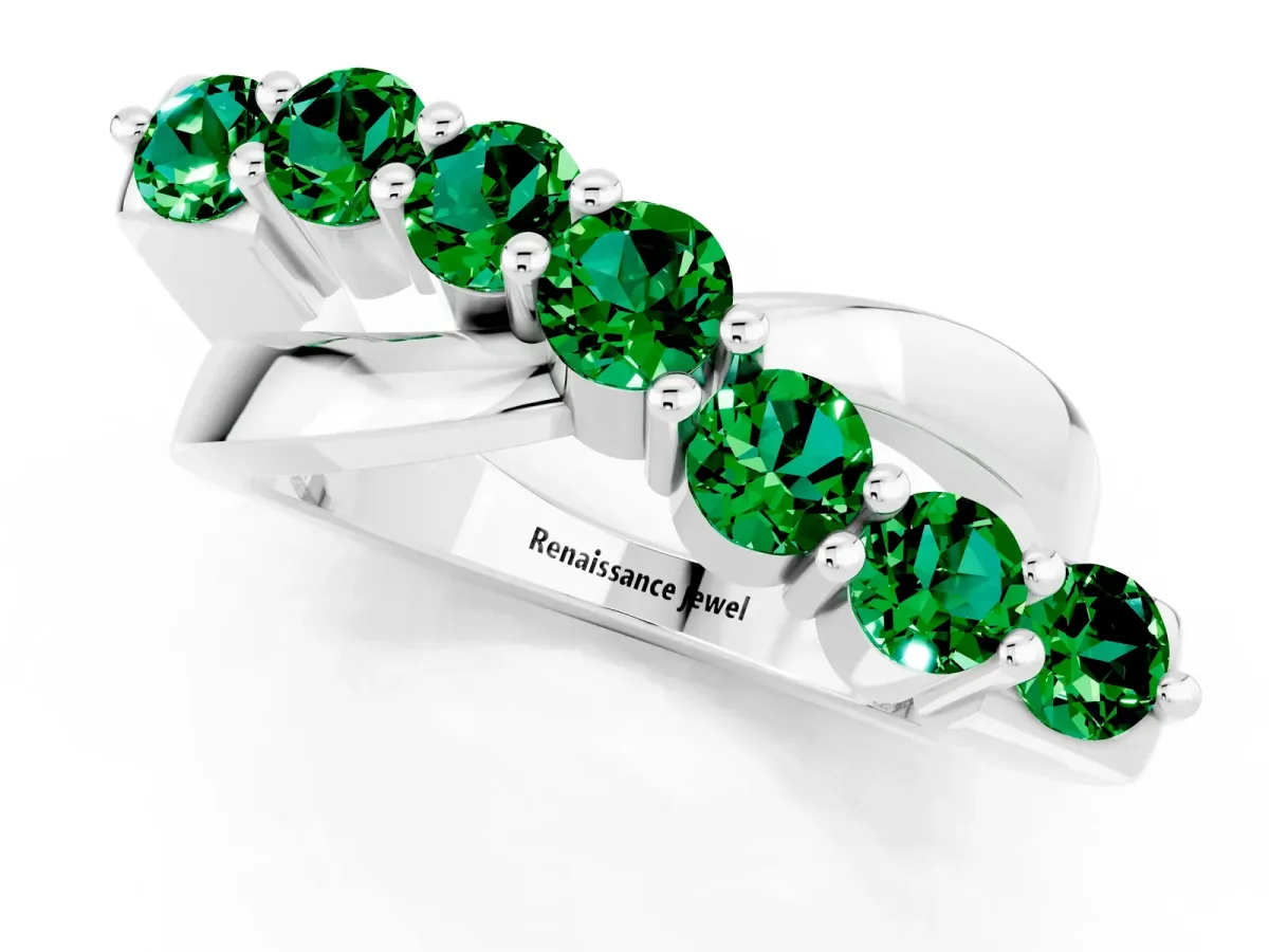 Round Emerald Prong-Set Crossover Band White gold