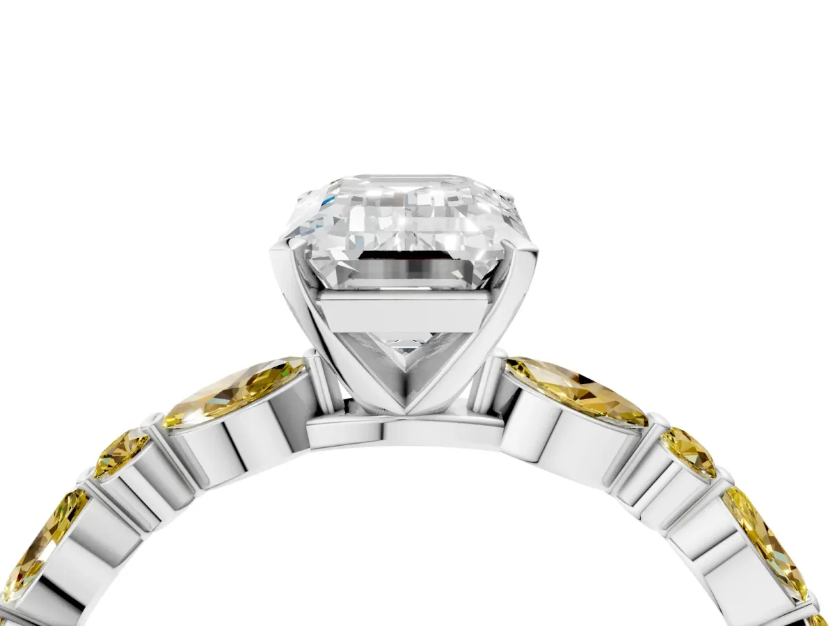 Emerald Cut Diamond Ring with Marquise and Round Yellow Sapphire Side Stones and Four-Prong Setting Silver