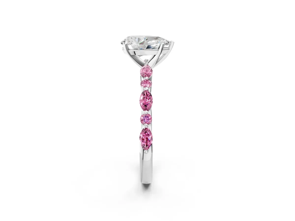 Pear Cut Diamond Ring with Marquise and Round Pink Sapphire Side Stones and Four-Prong Setting Silver