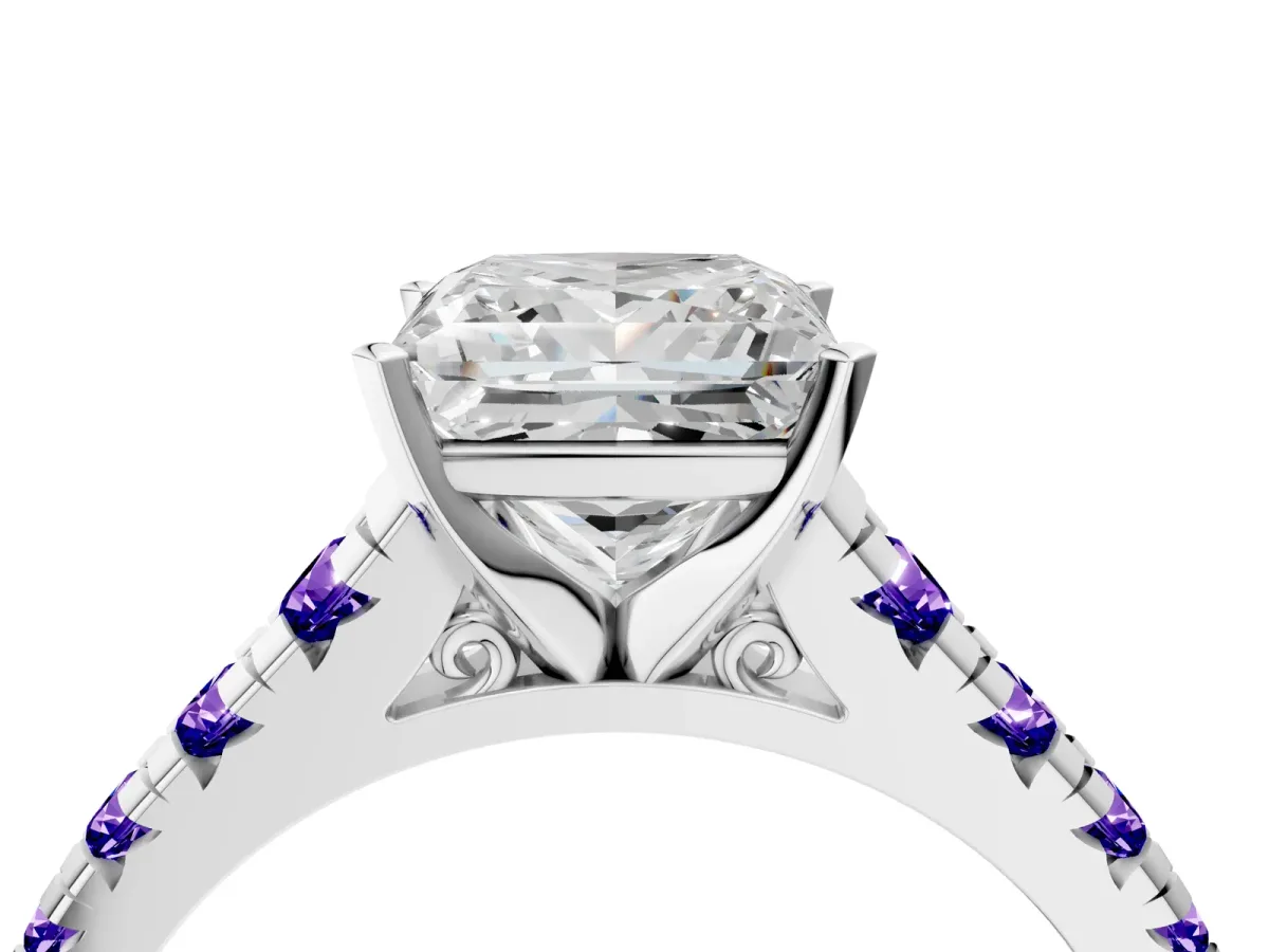 Princess Cut Diamond Cathedral Solitaire Ring with Round Tanzanite Pavé Band Platinum