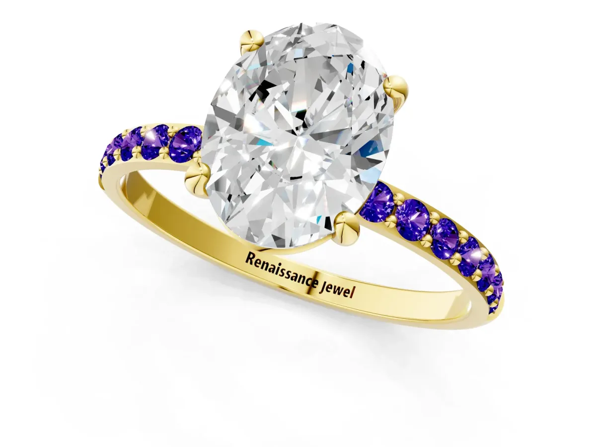 Oval Cut Diamond Solitaire Ring with Round Tanzanite Pavé Band and Prong Setting Yellow gold