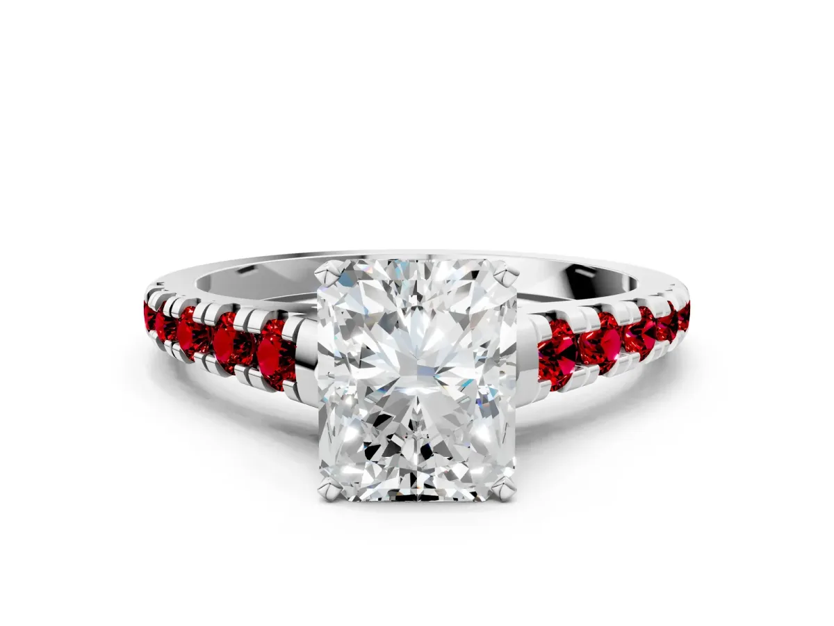 Radiant Cut Diamond Cathedral Solitaire Ring with Round Ruby Pavé Band Platinum