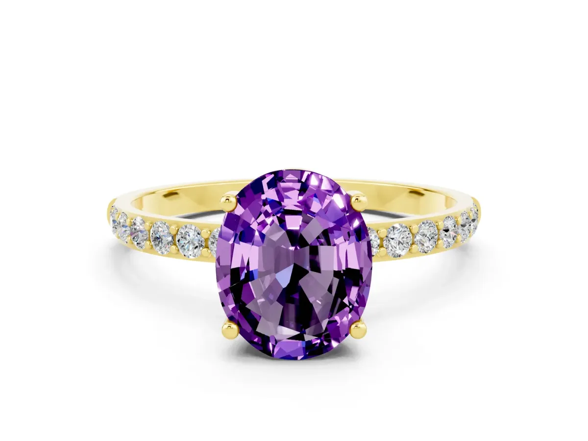 Oval Cut Amethyst Solitaire Ring with Round Pavé Band and Prong Setting Yellow gold