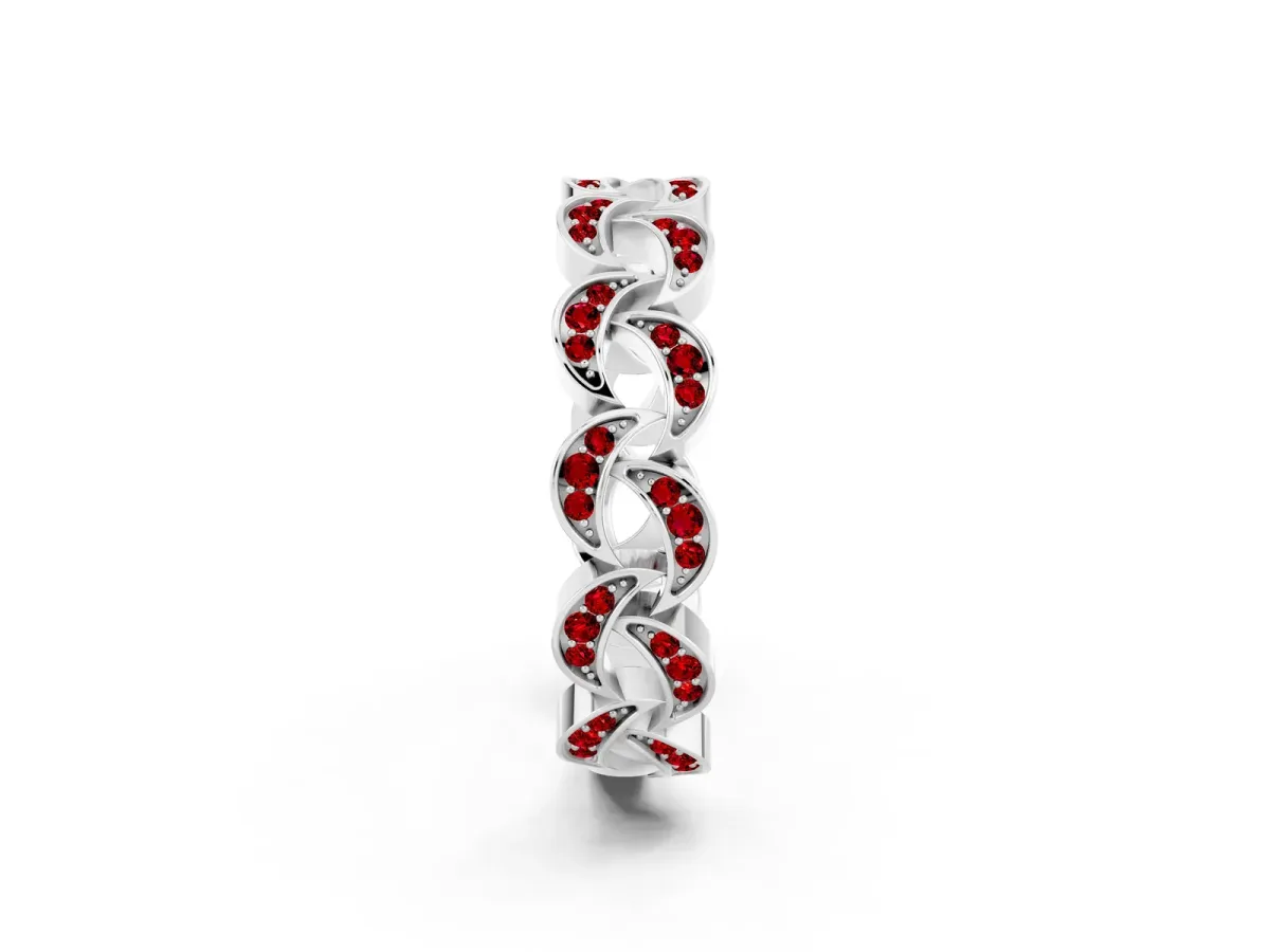 Pavé Round Ruby Interlocking Eternity Band with Bezel Prong Setting Silver