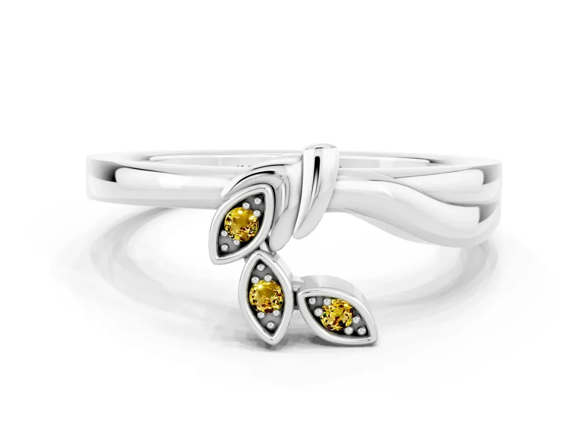 Three-Stone Round Yellow Sapphire Leaf Bypass Ring with Bezel Setting White gold