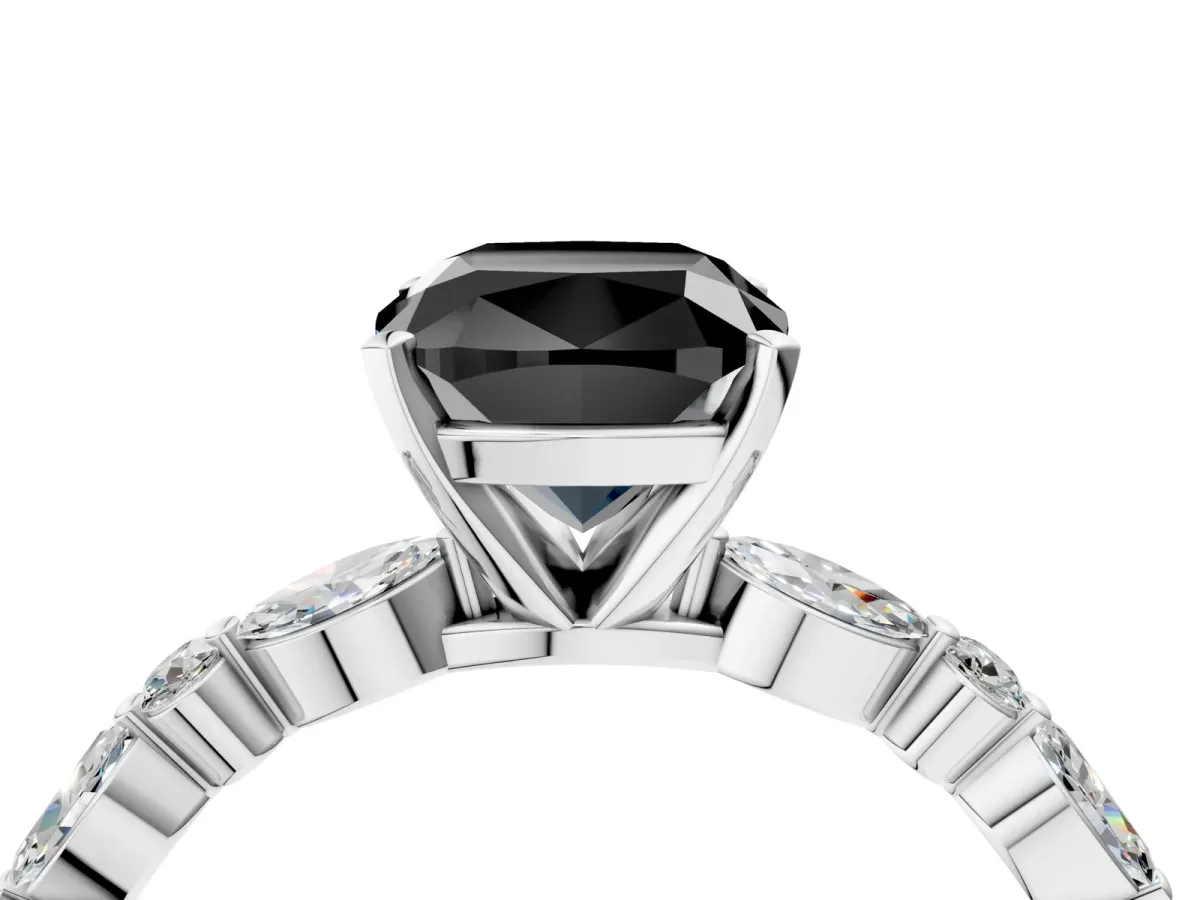 Fancy Black Cushion Cut Diamond Ring with Marquise and Round Side Stones and Four-Prong Setting Silver