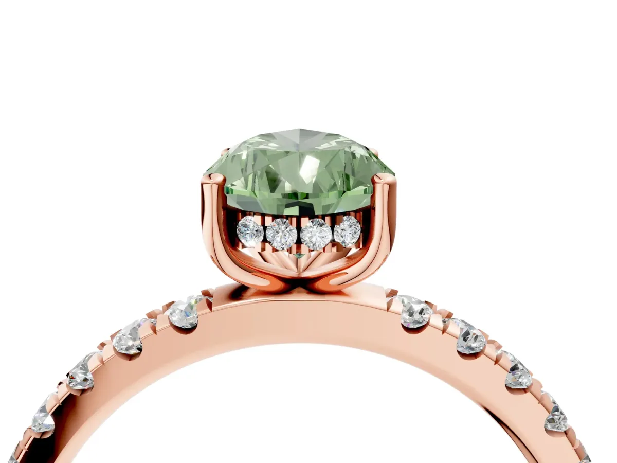 Fancy Green Pear Cut Diamond Pave Band Solitaire Ring with Round and Prong Setting Rose gold