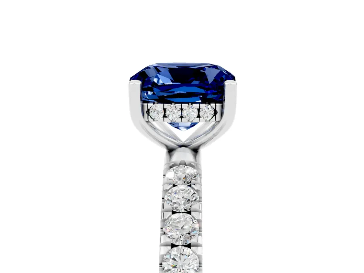 Cushion Cut Blue Sapphire Pave Band Solitaire Ring with Round and Prong Setting Platinum
