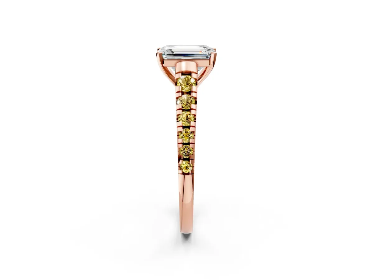 Emerald Cut Diamond Cathedral Solitaire Ring with Round Yellow Sapphire Pavé Band Rose gold