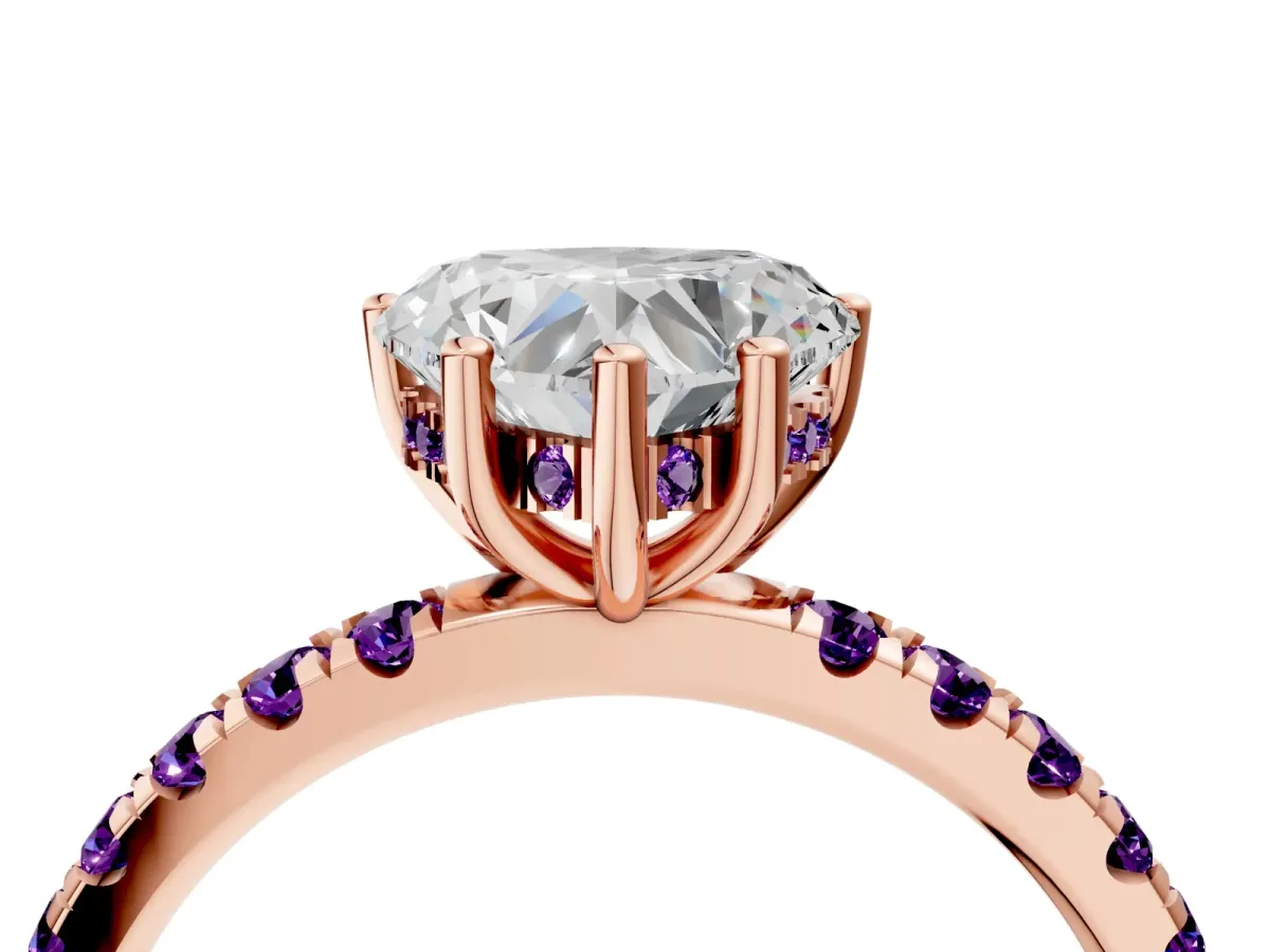 Heart Cut Diamond Pave Band Solitaire Ring with Round Amethyst and Prong Setting Rose gold