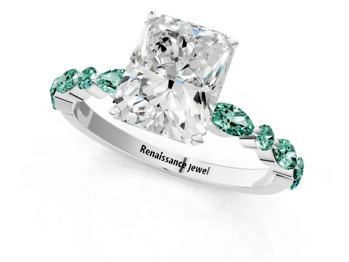 Radiant Cut Diamond Ring with Marquise and Round Green Sapphire Side Stones and Four-Prong Setting Silver