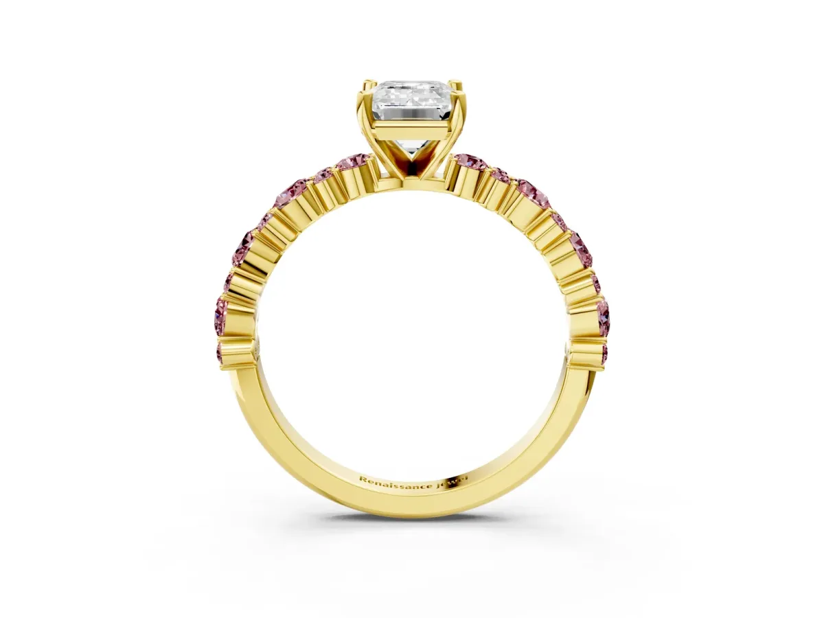 Emerald Cut Diamond Side Stone Solitaire Ring with Round Morganite and Four-Prong Setting Yellow gold