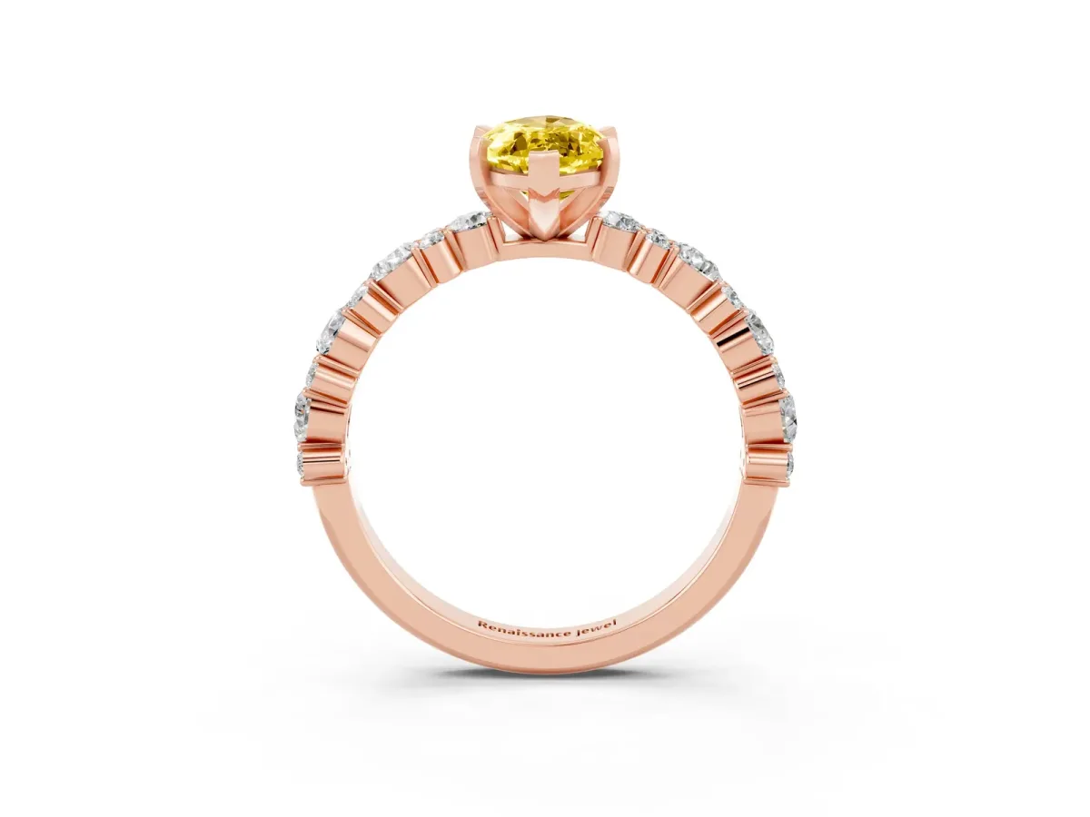 Marquise Cut Yellow Sapphire Side Stone Solitaire Ring with Round and Four-Prong Setting Rose gold