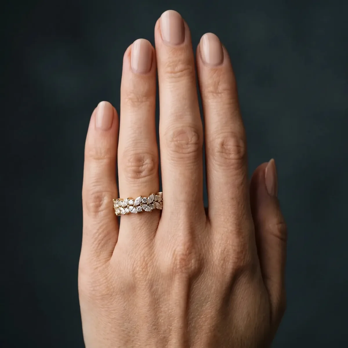 Pave Marquise and Round Diamond Eternity Band with Prong Setting Yellow gold