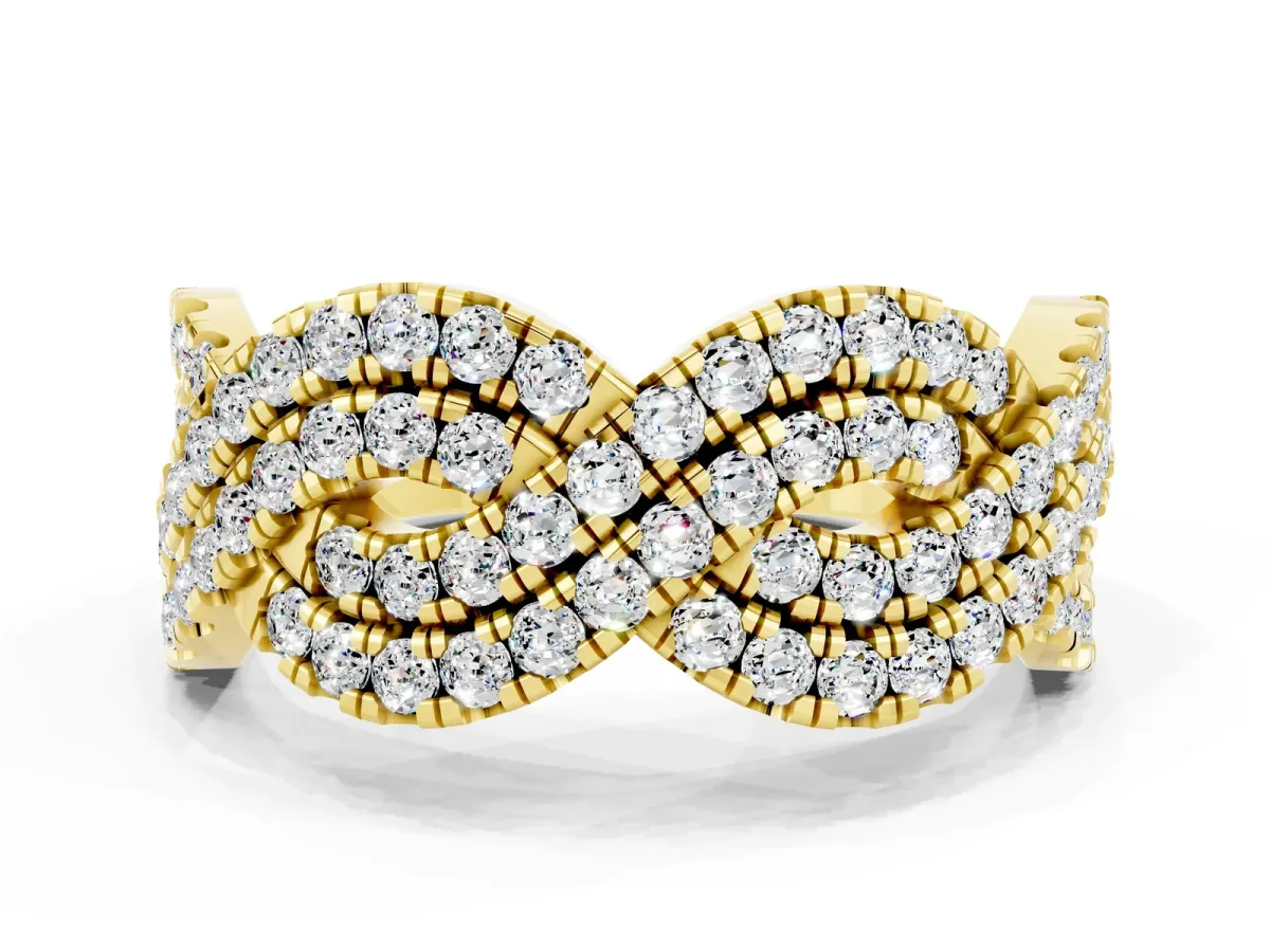 Pavé Round Moissanite Infinity Twist Band with Shared Prong Setting Yellow gold
