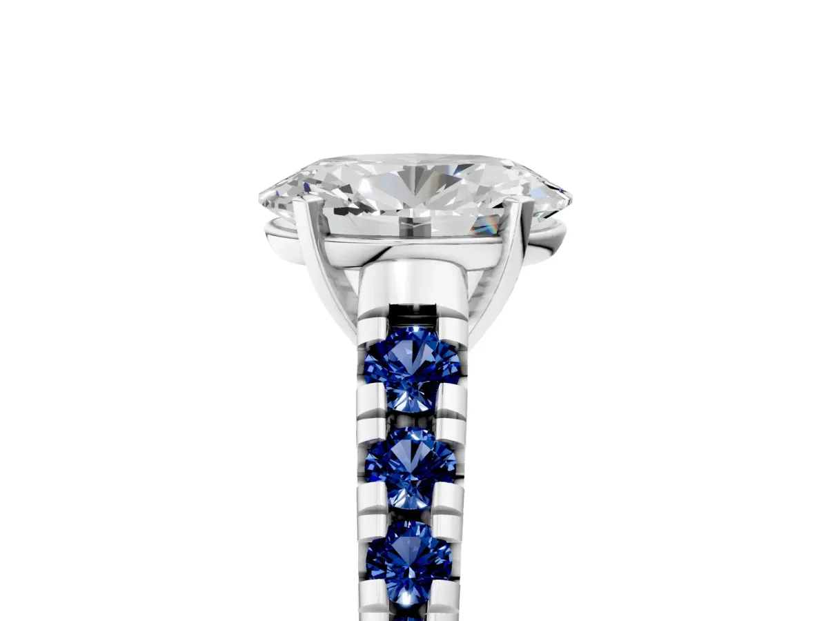 Oval Cut Diamond Cathedral Solitaire Ring with Round Blue Sapphire Pavé Band Silver