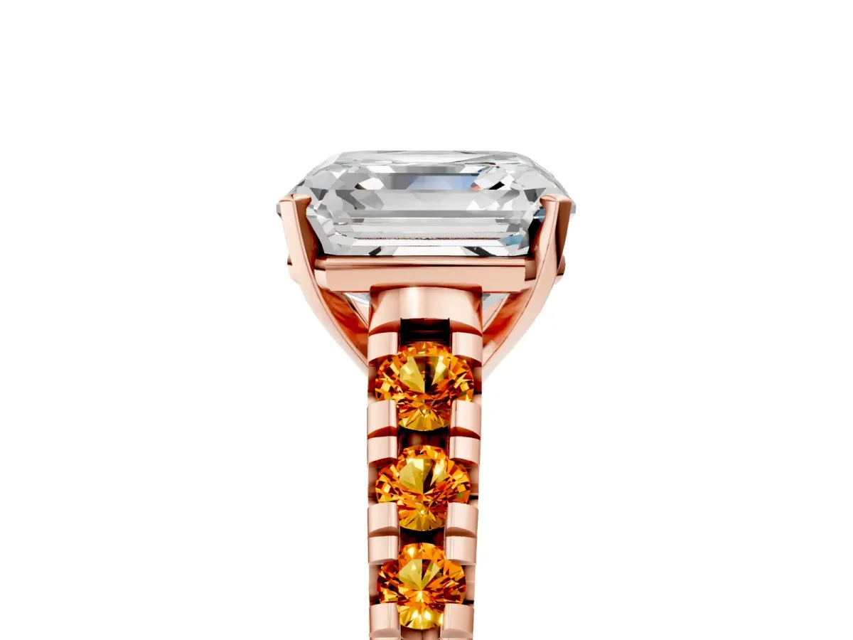 Asscher Cut Diamond Cathedral Solitaire Ring with Round Citrine Pavé Band Rose gold