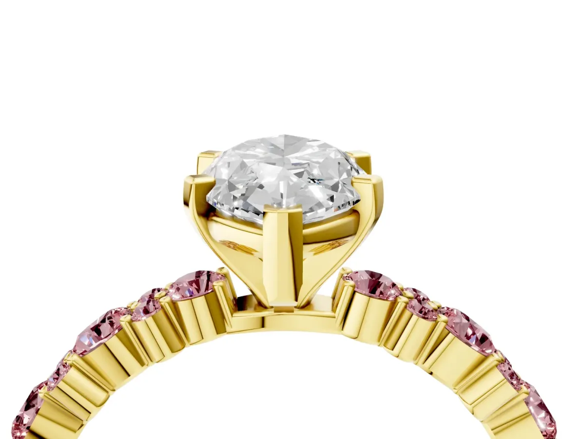 Marquise Cut Diamond Side Stone Solitaire Ring with Round Morganite and Four-Prong Setting Yellow gold