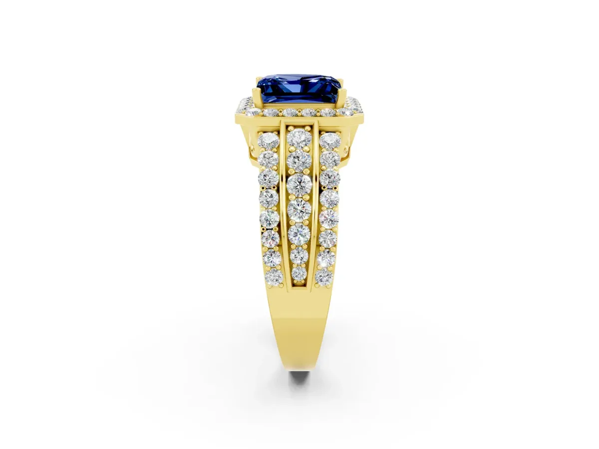 Princess Cut Halo Blue Sapphire Ring with Round Split Shank and Prong Setting Yellow gold