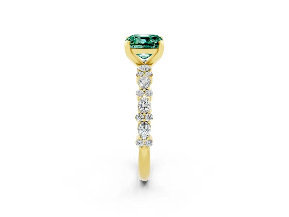 Cushion Cut Green Sapphire Side Stone Solitaire Ring with Round and Four-Prong Setting Yellow gold