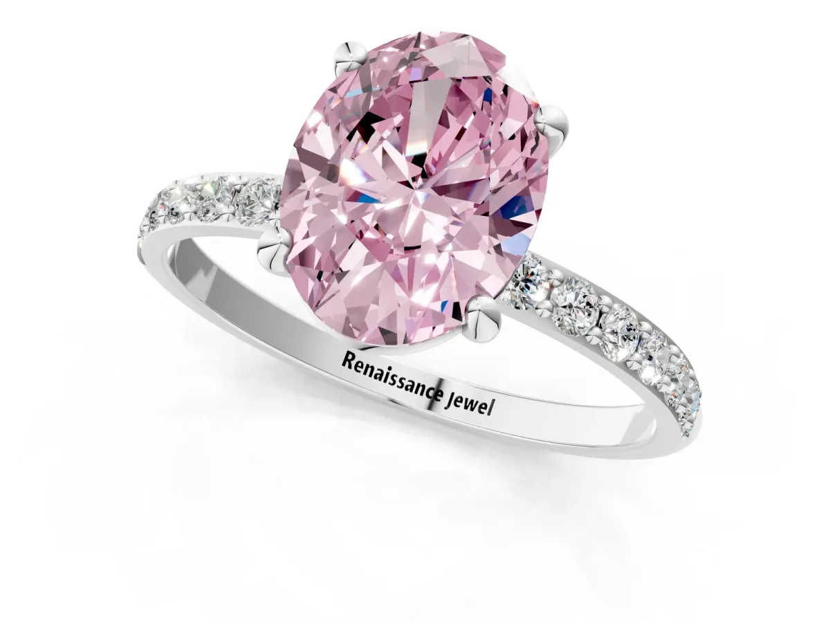 Fancy Pink Oval Cut Diamond Solitaire Ring with Round Pavé Band and Prong Setting Platinum
