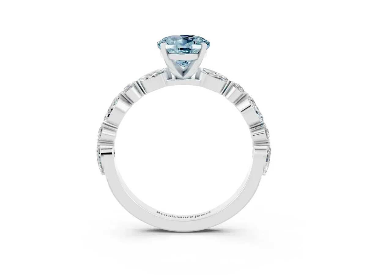 Oval Cut Aquamarine Ring with Marquise and Round Side Stones and Four-Prong Setting Silver