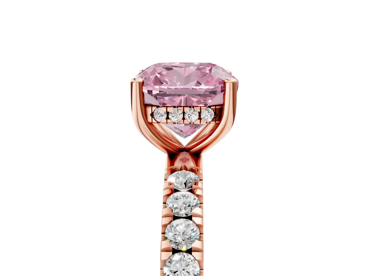 Fancy Pink Cushion Cut Diamond Pave Band Solitaire Ring with Round and Prong Setting Rose gold