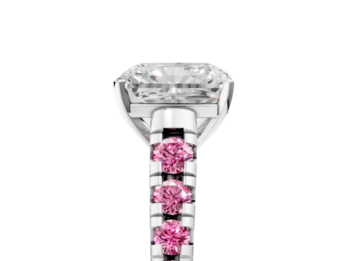 Radiant Cut Diamond Cathedral Solitaire Ring with Round Pink Sapphire Pavé Band Silver