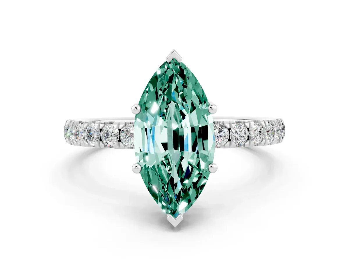 Marquise Cut Green Sapphire Pave Band Solitaire Ring with Round and Prong Setting Silver