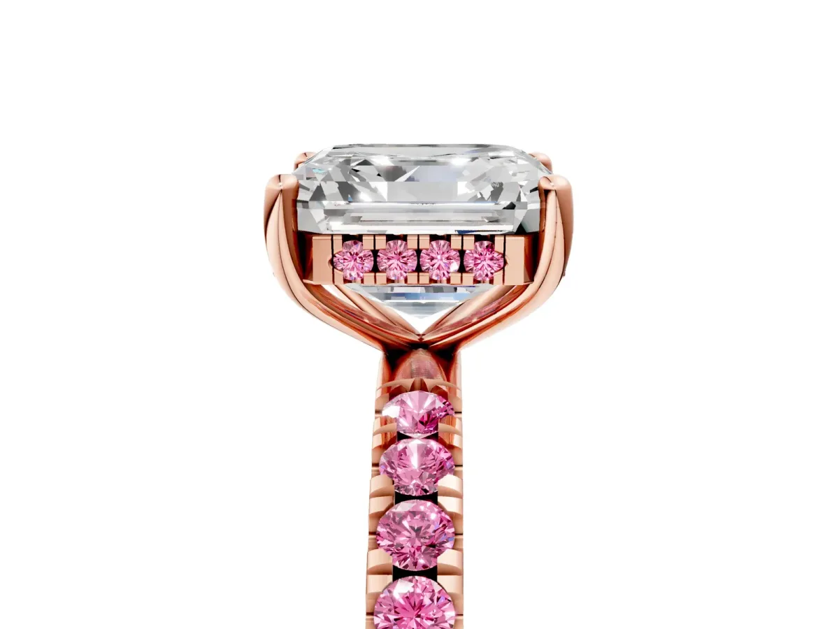 Asscher Cut Diamond Pave Band Solitaire Ring with Round Pink Sapphire and Prong Setting Rose gold