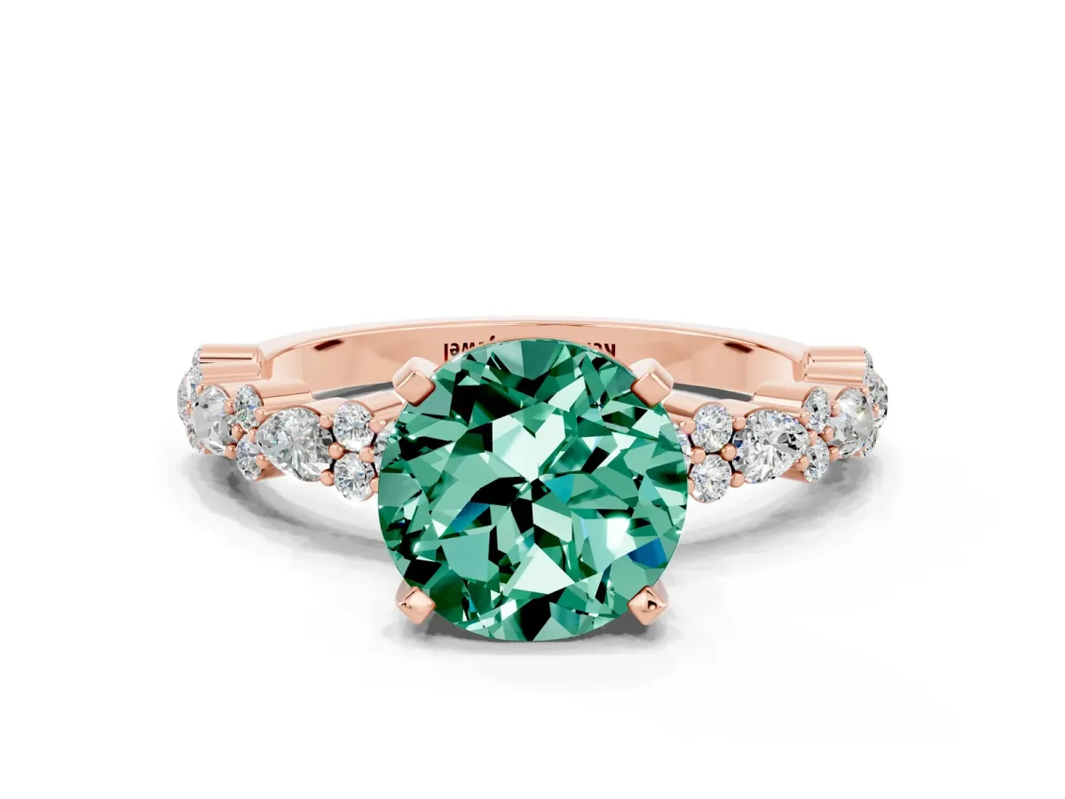 Round Cut Green Sapphire Side Stone Solitaire Ring with Round and Four-Prong Setting Rose gold