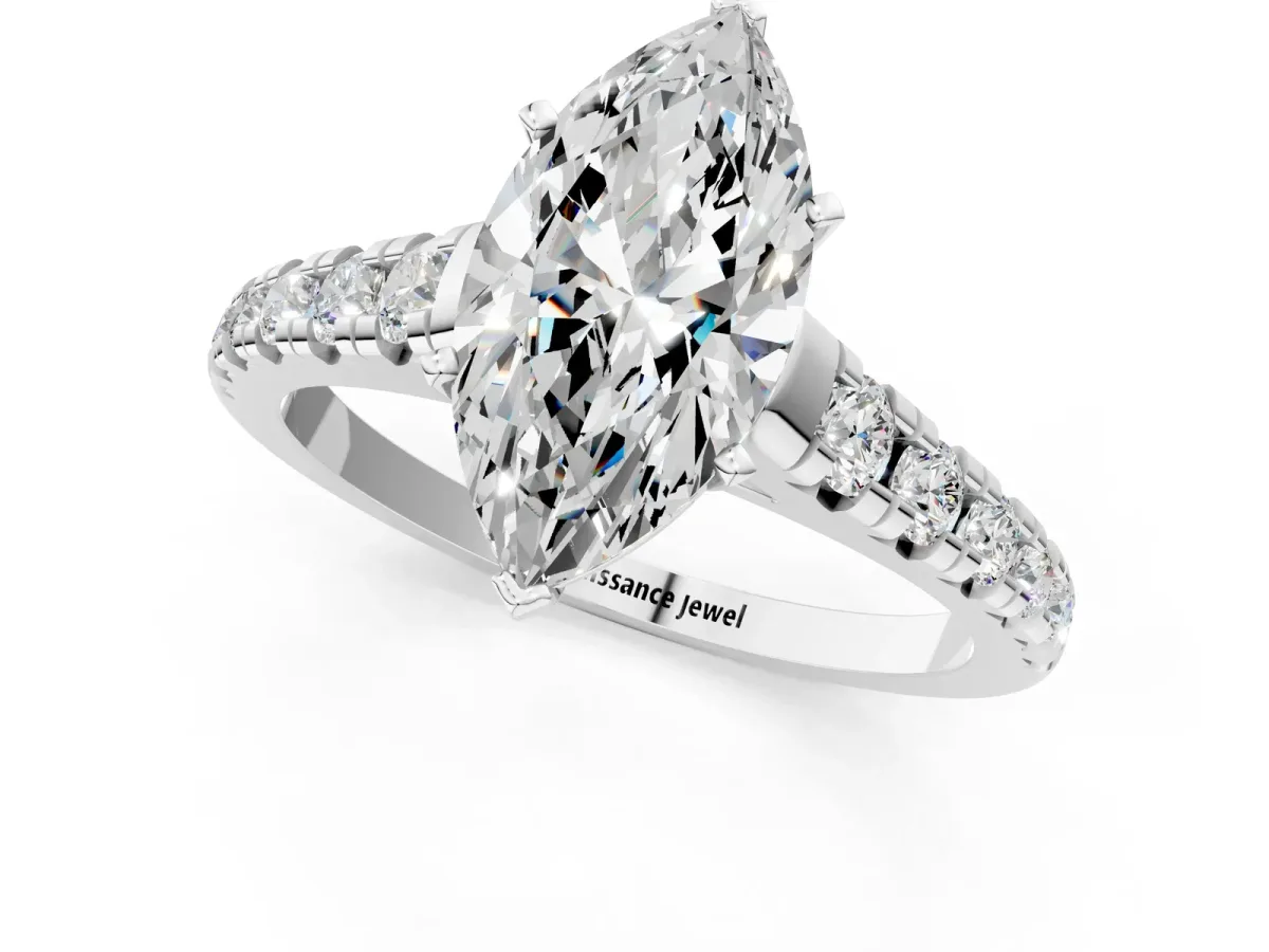 Marquise Cut Diamond Cathedral Solitaire Ring with Round Moissanite Pavé Band White gold