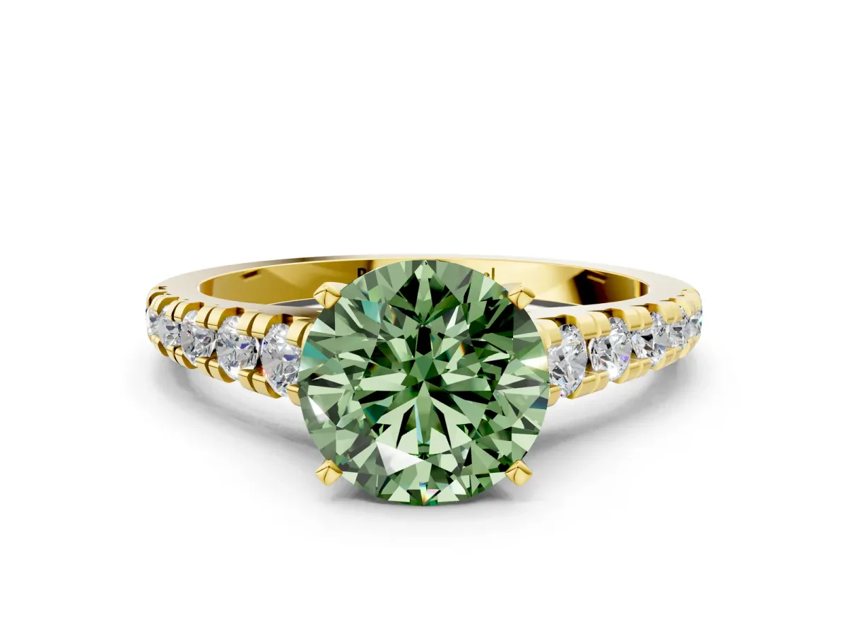 Fancy Green Round Cut Diamond Cathedral Solitaire Ring with Round Pavé Band Yellow gold