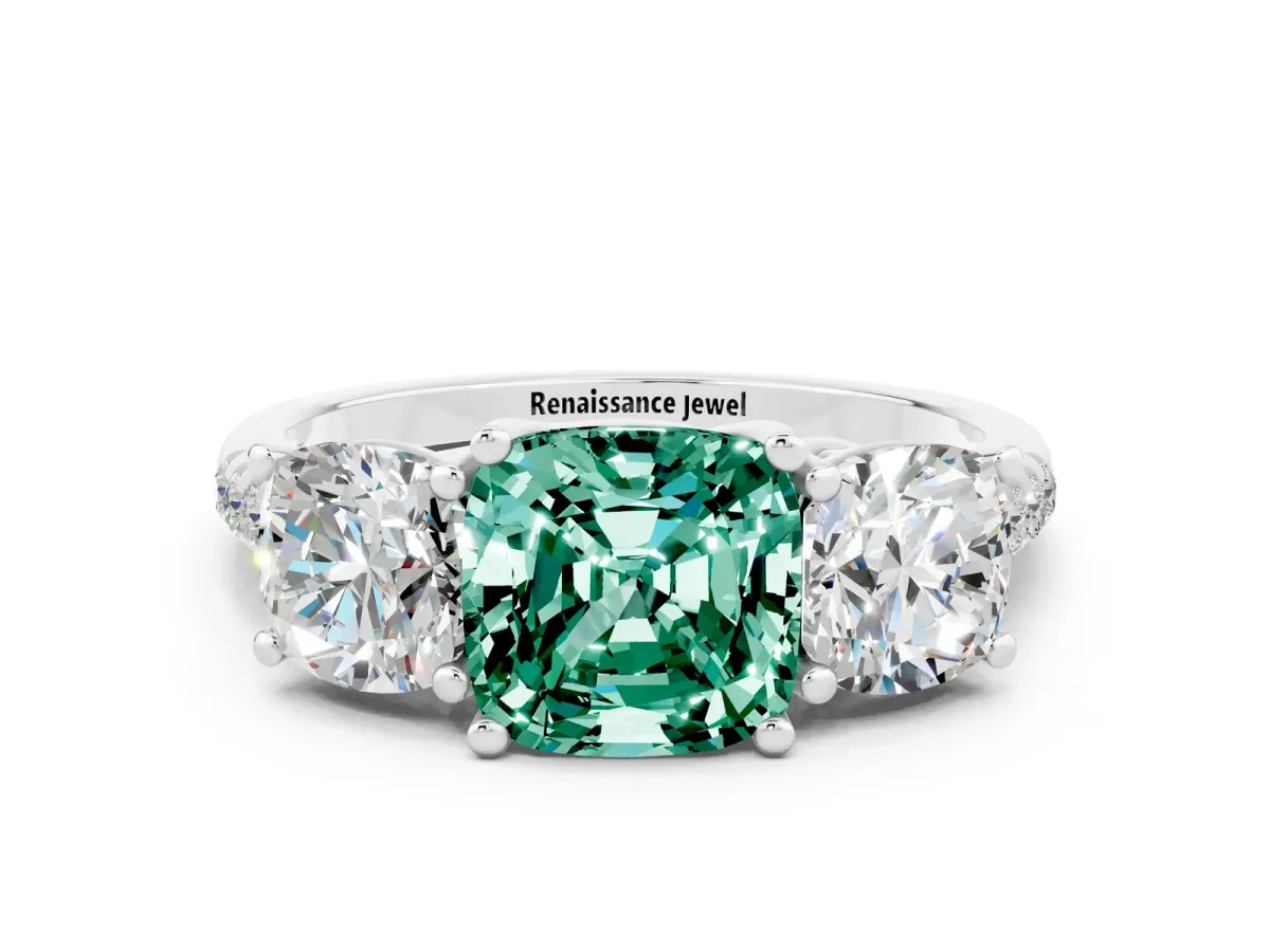Three-Stone Cushion Cut Green Sapphire Ring with Round Pavé Band and Prong Setting Silver