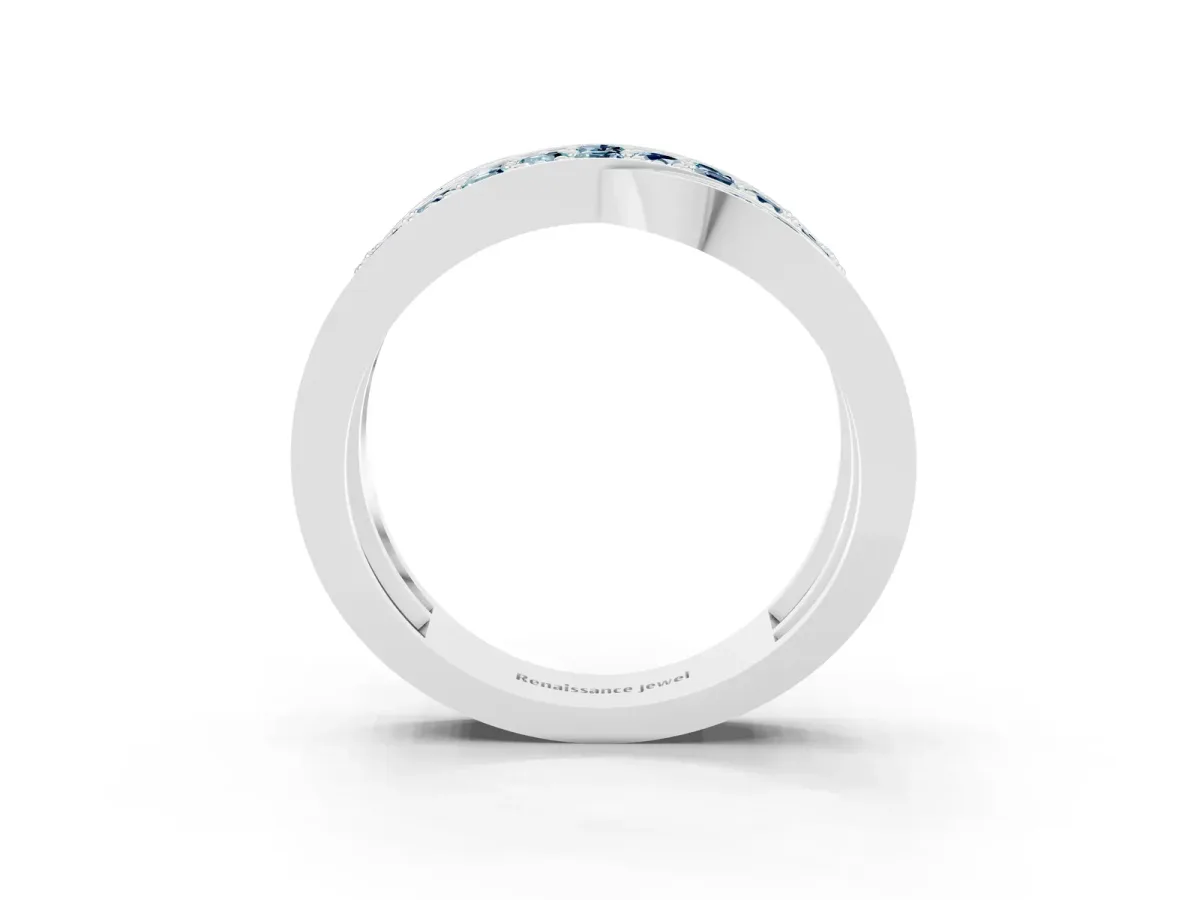 Pavé Round Aquamarine Crossover Band with Bead Prong Setting Silver