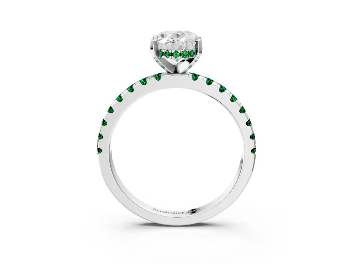 Oval Cut Diamond Solitaire Ring with Round Emerald Pavé Band and Four-Prong Setting White gold