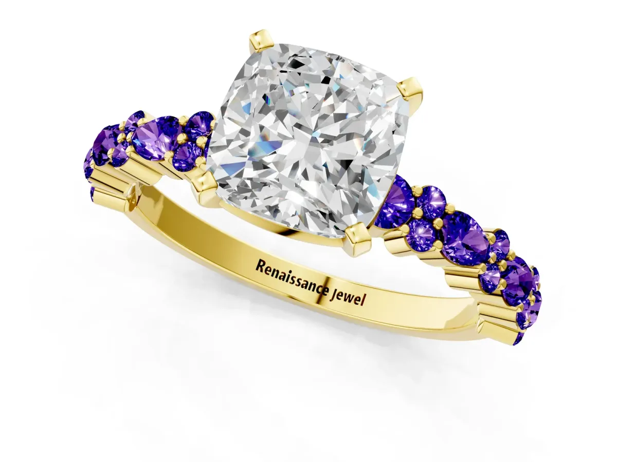 Cushion Cut Diamond Side Stone Solitaire Ring with Round Tanzanite and Four-Prong Setting Yellow gold